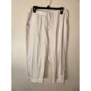 Coral Bay Women's petite Cropped Capri Drawstring Pants Large Beige Linen